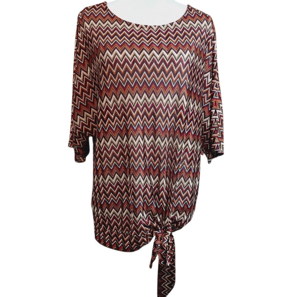 WORTHINGTON Chevron Zig Zag Top Blouse Large‎ Brown Tones Neutral Artsy Career